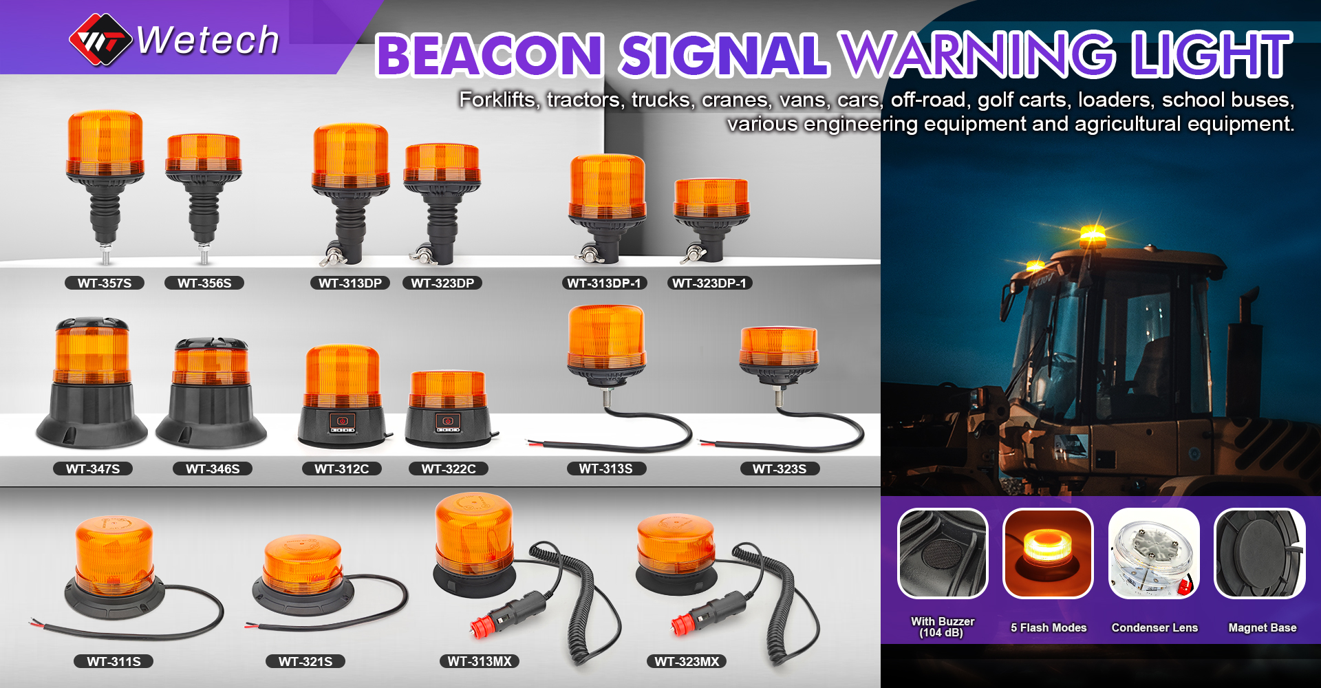WETECH Low Cover Model Beacon Signal Rechargeable LED Flashing Warning Light With Magnet Sucker Type