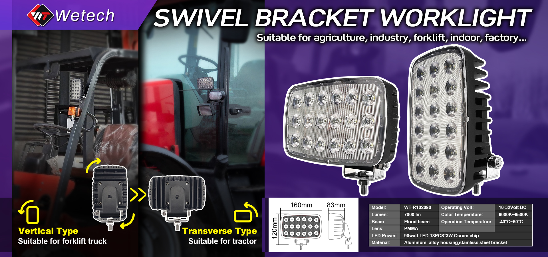 WETECH 90W 6.5" LED Work Lights Rectangular Swivel Bracket Flood WorkLight